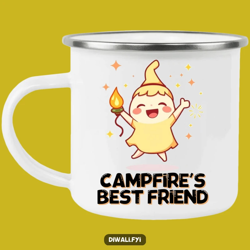 Funny Enamel Camping Mug: Joyous Character With Lamp, Sparks, Hilarious Gift
