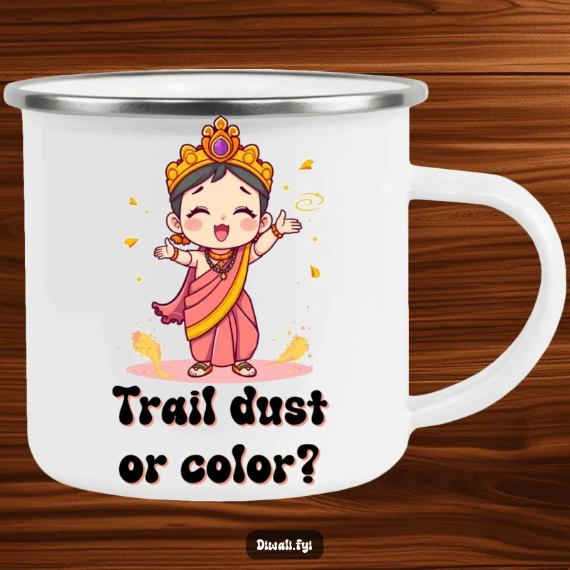 Funny Camping Mug: Cute character in a festive sari enthusiastically tossing colorful Holi powder, ready for outdoor fun.