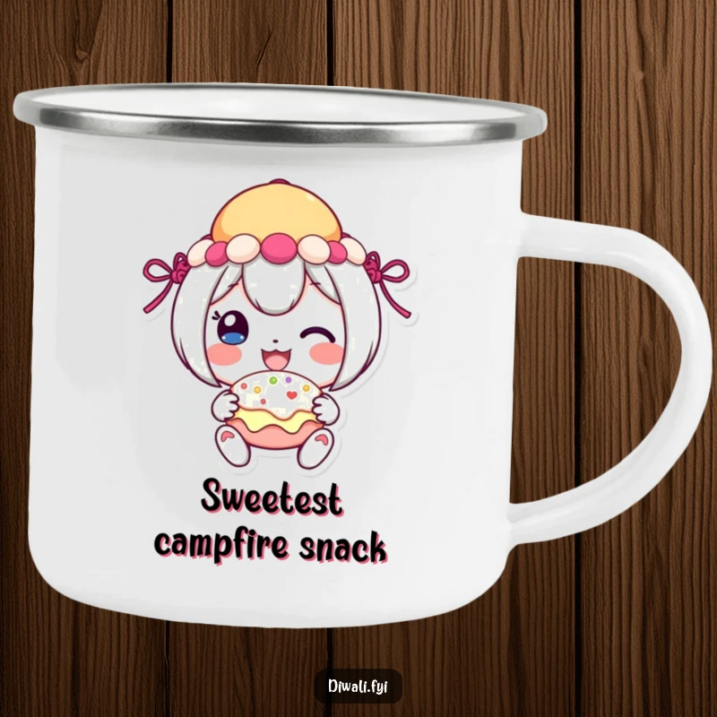 Funny festive sweet camping mug featuring a cheerful character sharing a treat, perfect for rustic joy.