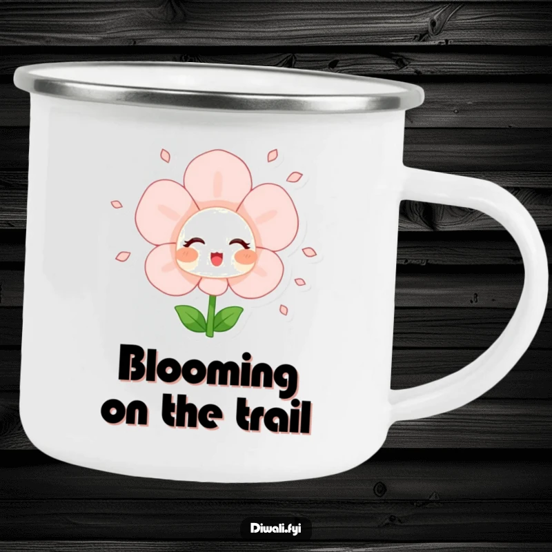 Funny camping mug with a blushing flower character joyfully showering petals, durable and charming for outdoor nature lovers.