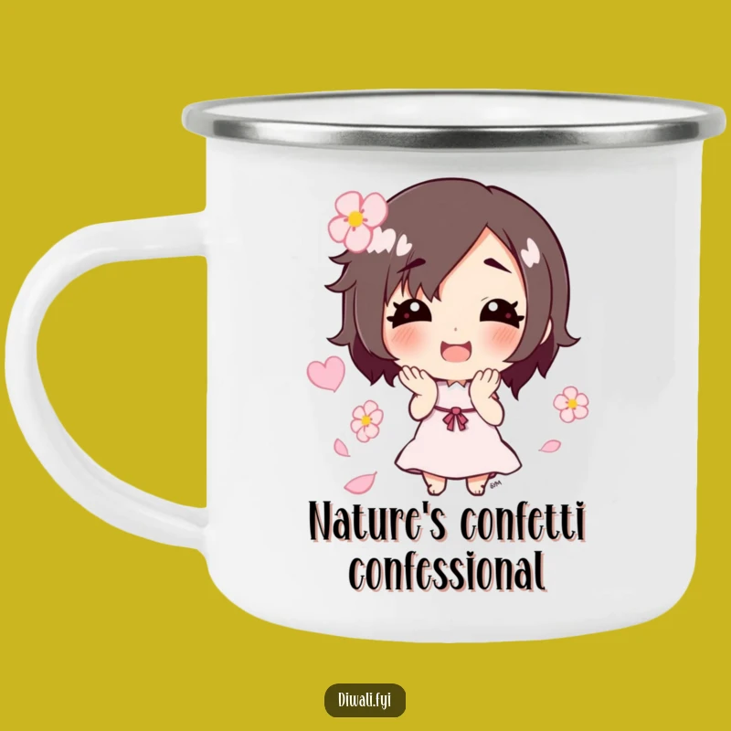 Funny Flower Petal Toss Camping Mug: Outdoor Smiling Character, Unique Humorous Gift