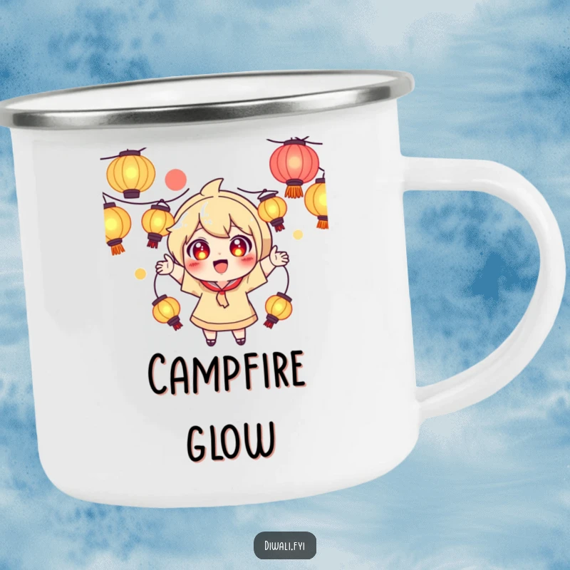 Funny camping mug with a playful character juggling glowing lanterns, perfect for outdoor enchantment.