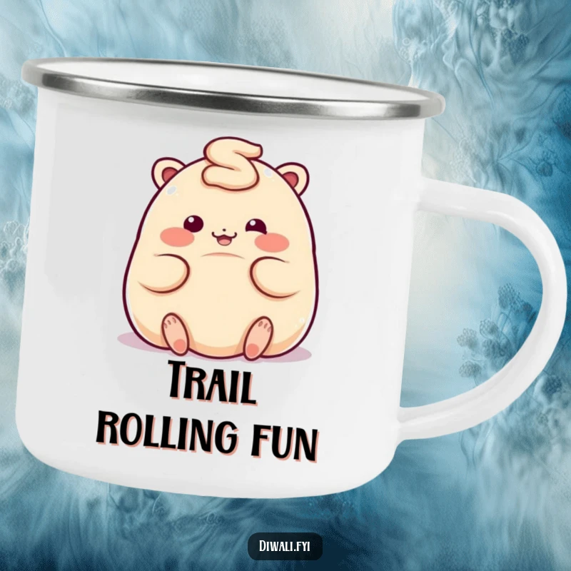 Funny camping mug with a giggling ladoo character rolling playfully, perfect for enjoying drinks outdoors.