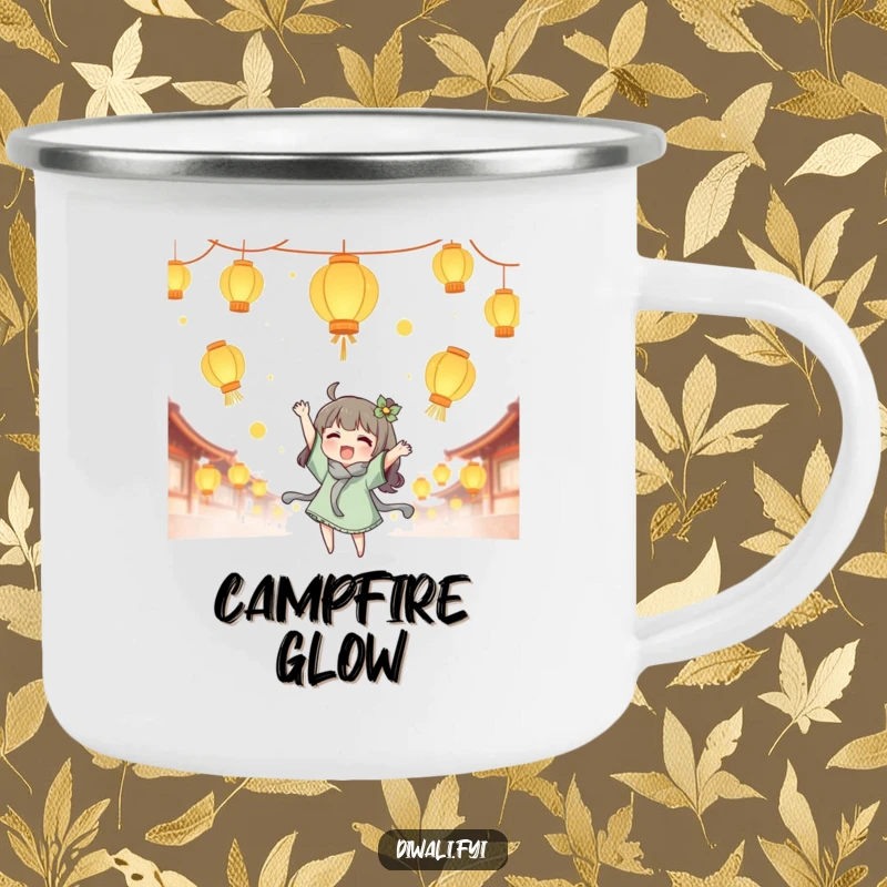 Funny lantern tossing camping mug, cute character joyfully tossing glowing lanterns, durable outdoor mug, magical adventure gift.