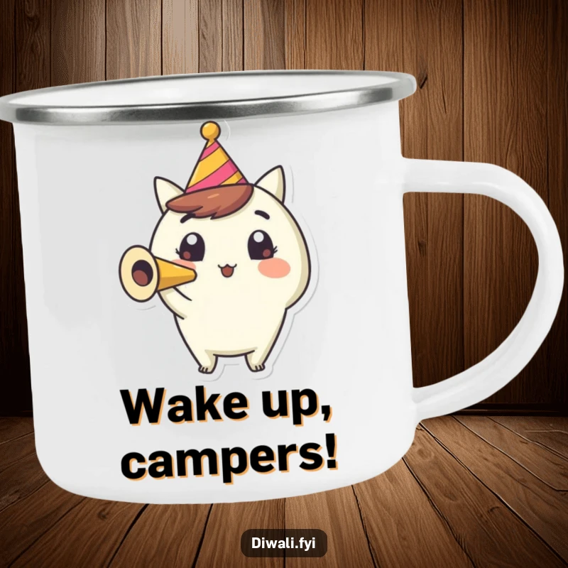 Funny Party Horn Camping Mug: A happy character blows a party horn with wide eyes, bringing festive cheer anywhere.