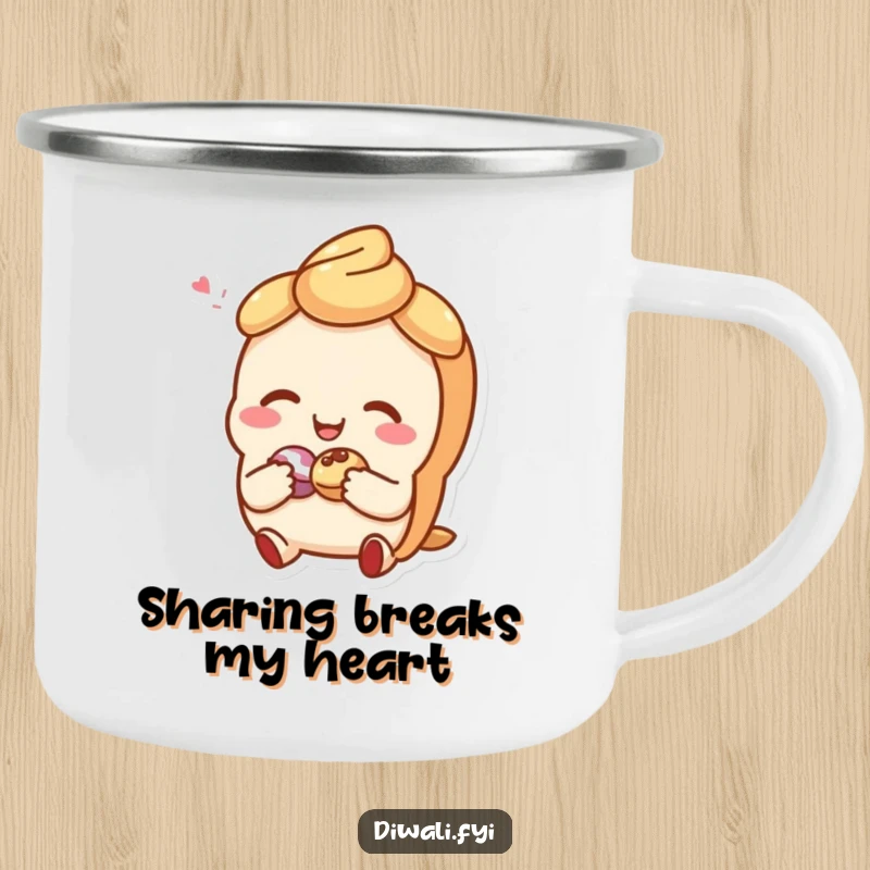Funny camping mug with a giggling sweet pastry character sharing a small treat, durable and charming for outdoor enjoyment.