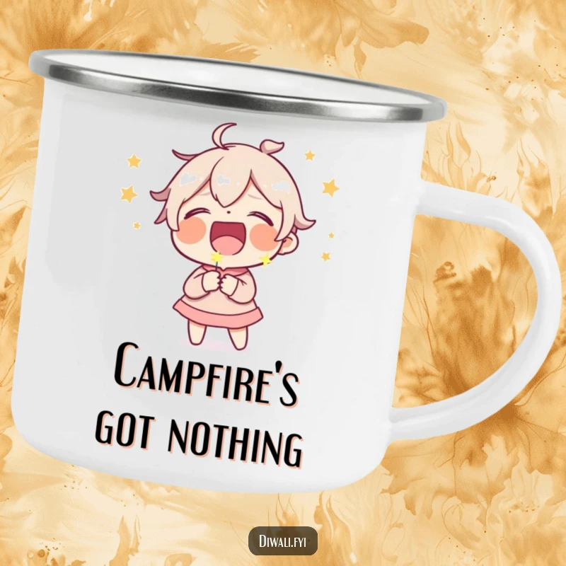 Funny camping mug depicting a character bursting with laughter, holding a tiny sparkler, perfect for outdoor merriment.