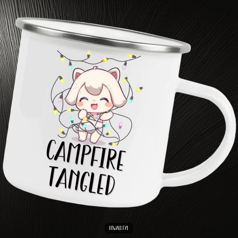Funny Tangled Lights Camping Mug: A playful character is comically tangled in festive lights, adding holiday cheer anywhere.