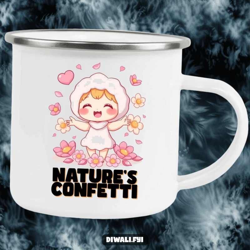 Funny petal juggling camping mug, giggling character juggling shimmering flower petals, durable outdoor mug, playful adventure gift.