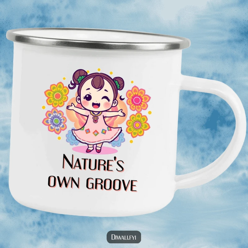 Funny camping mug featuring a delighted character dancing with colorful rangoli patterns, ideal for outdoor festivities.