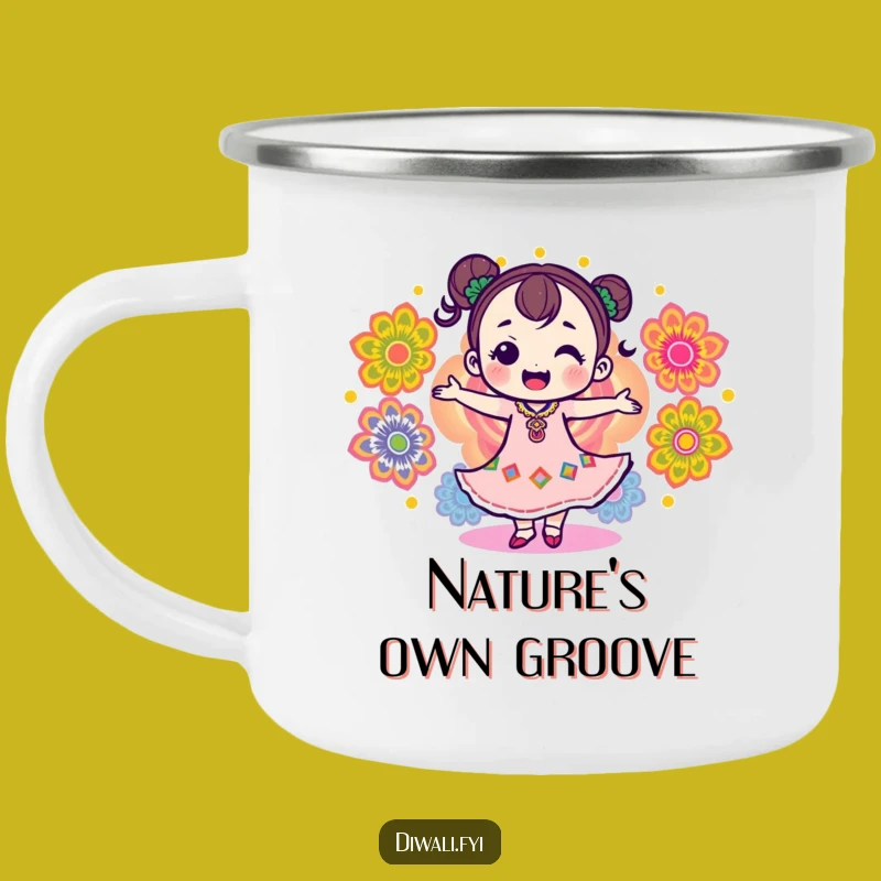 Funny Delighted Rangoli Dancer Camping Mug: Enjoy Festive Sips Outdoors with Humor!