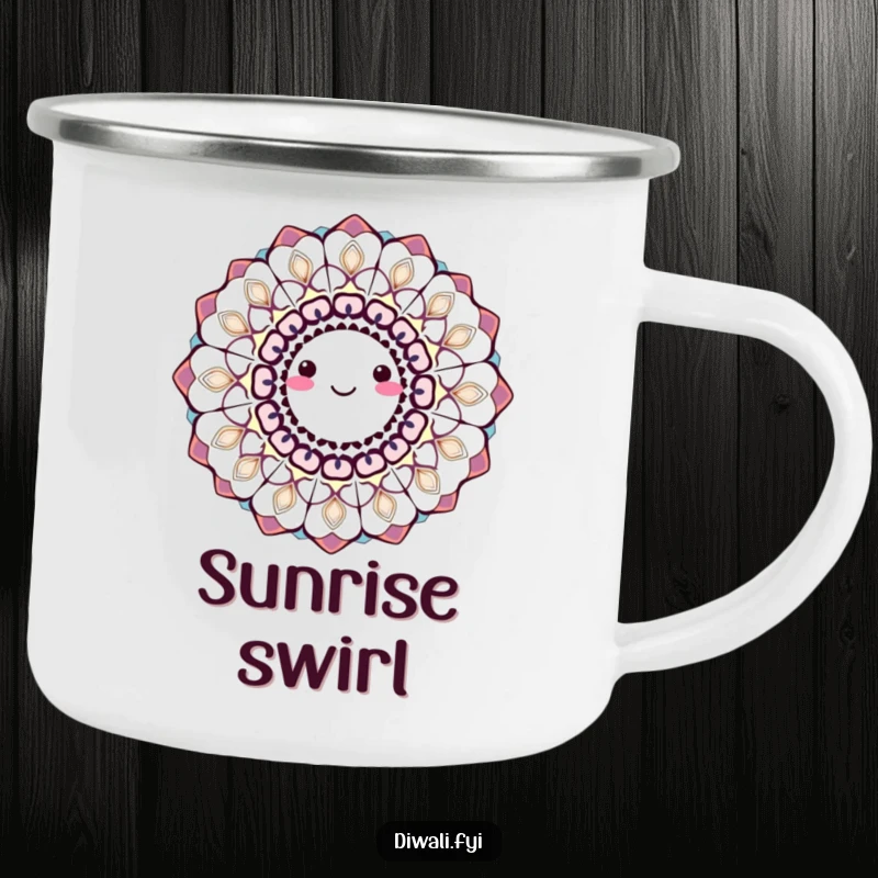A smiling, spinning rangoli pattern in bright colors, humorously depicted on a camping mug for outdoor enjoyment.