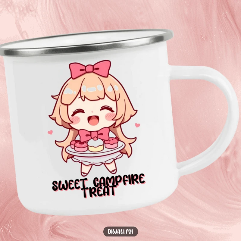 Funny happy character smiling, offering a plate of sweets with a bow near a campfire.