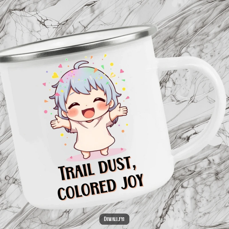 Funny Powder Scatterer Camping Mug: Outdoor mug with a character joyfully scattering colorful powder. Great funny gift.