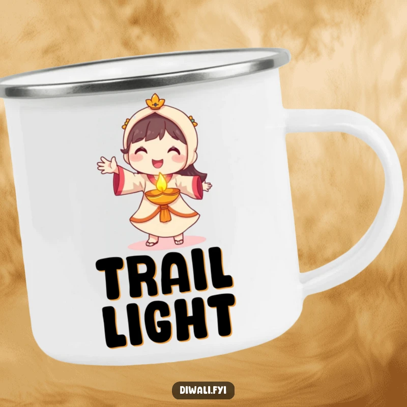 Funny diya dancer camping mug, smiling character dancing with glowing diya, durable outdoor mug, festive adventure gift.