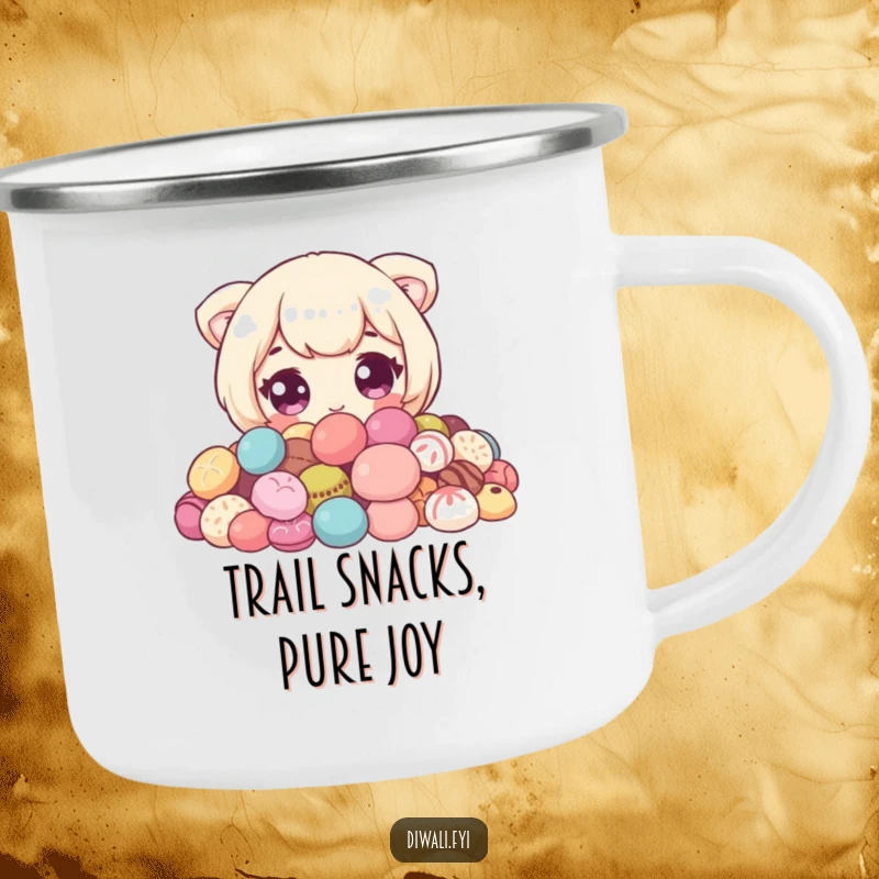 Funny Sweet Peeker Camping Mug: Outdoor mug with a cute character with wide eyes peeking from sweets. Great funny gift.
