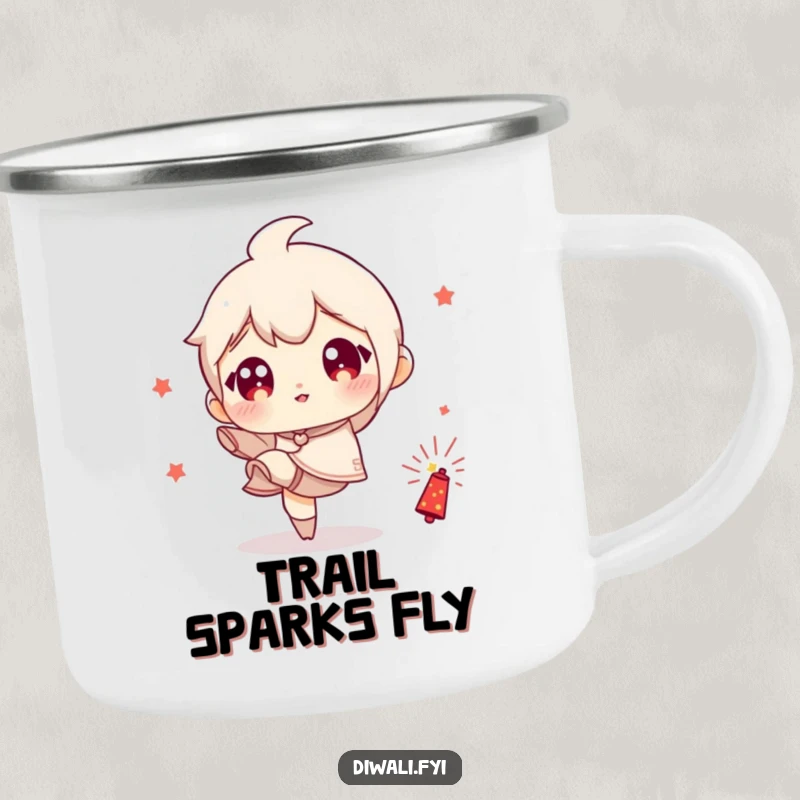 Funny camping mug with a character having wide eyes, playfully kicking a small firecracker, bringing excitement to outdoor moments.