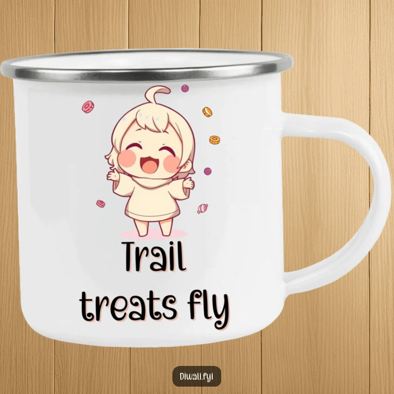 Funny camping mug with a character gleefully tossing sweets, smiling widely, perfect for sharing sweet moments outdoors.