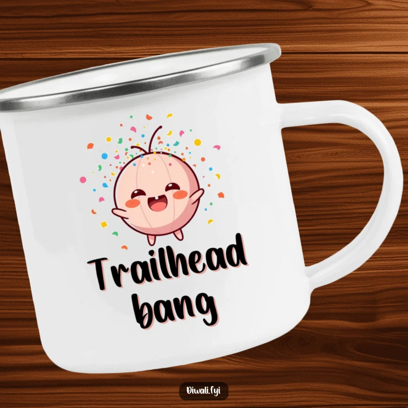 Funny camping mug with a cheerful firecracker character exploding in a stream of colorful confetti, great for outdoors.