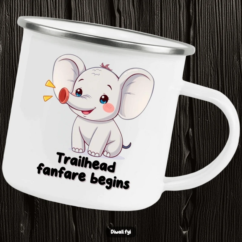 Funny camping mug with a gleeful elephant character trumpeting, perfect for sipping coffee or tea during outdoor adventures with a cheerful vibe.