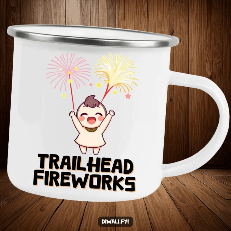 Funny camping mug showing a delighted character launching colorful fireworks under a starry night sky, perfect for outdoor celebrations.