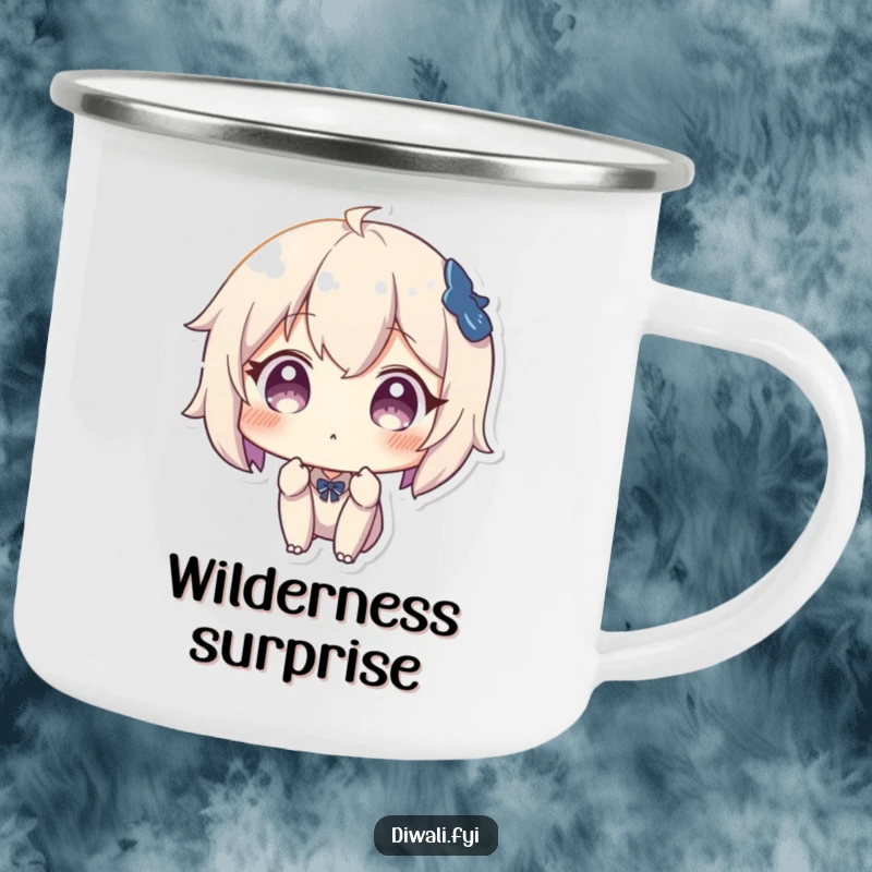 Funny camping mug with a character's surprised expression, ideal for reacting to nature's wonders with a humorous touch.
