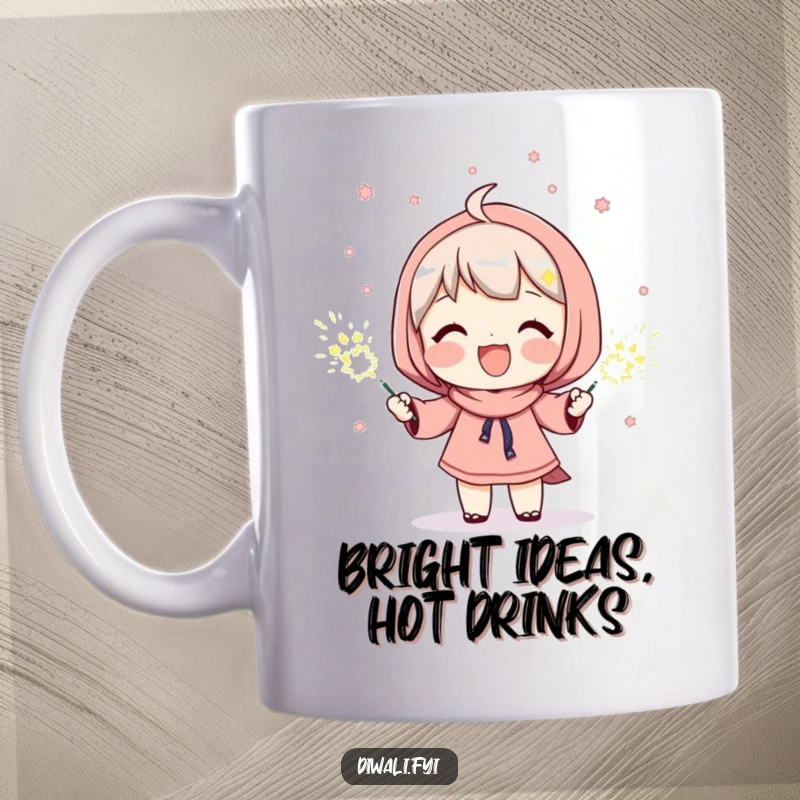 Funny mug showing a character beaming with happiness while holding lit sparklers, radiating warmth and festive cheer.