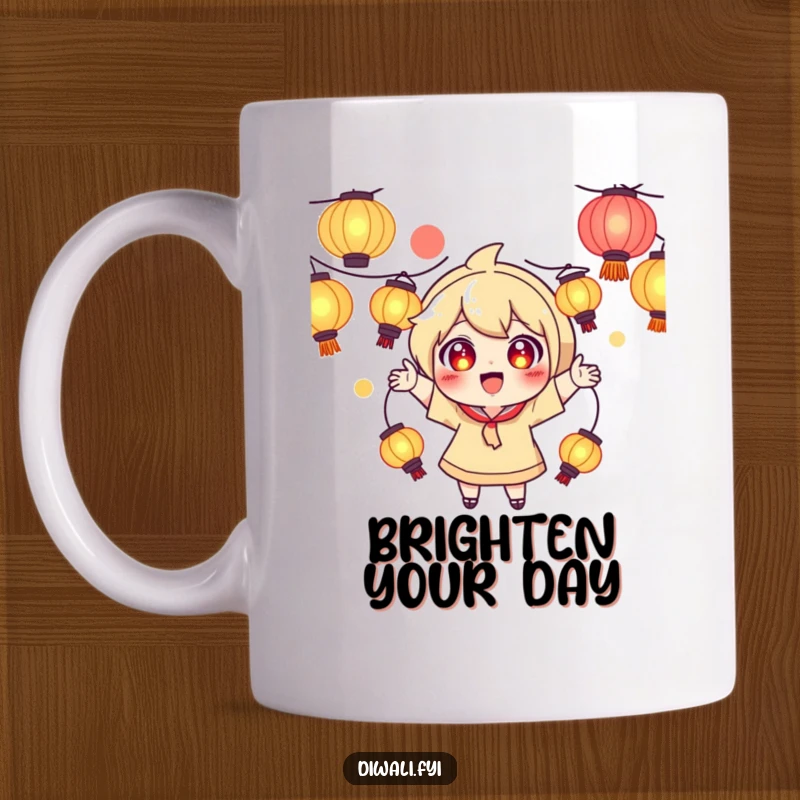 Funny mug showing a playful character with wide, excited eyes, juggling several brightly glowing lanterns.