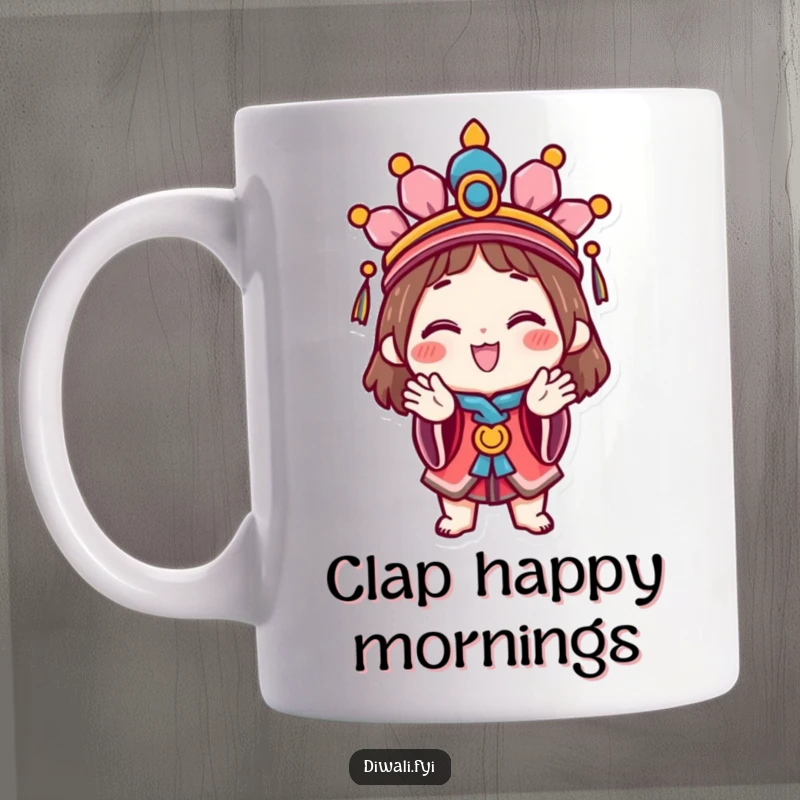 Funny Celebration Mug: A joyful character adorned in a vibrant festive headdress claps enthusiastically, radiating pure happiness and fun.