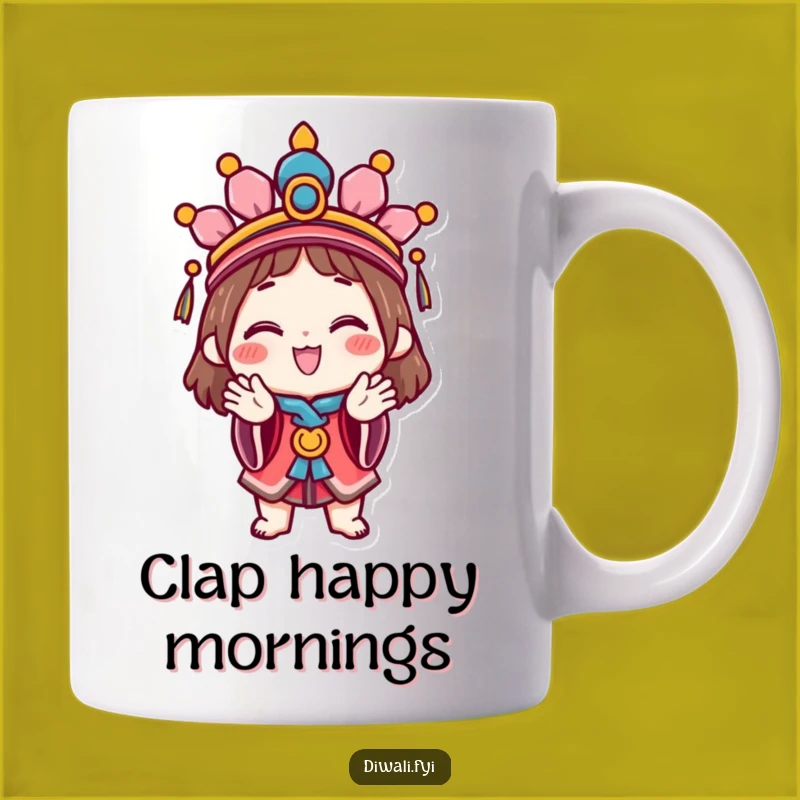 Funny Celebration Character Mug: Happy character festive headdress clapping, a joyful and funny gift.