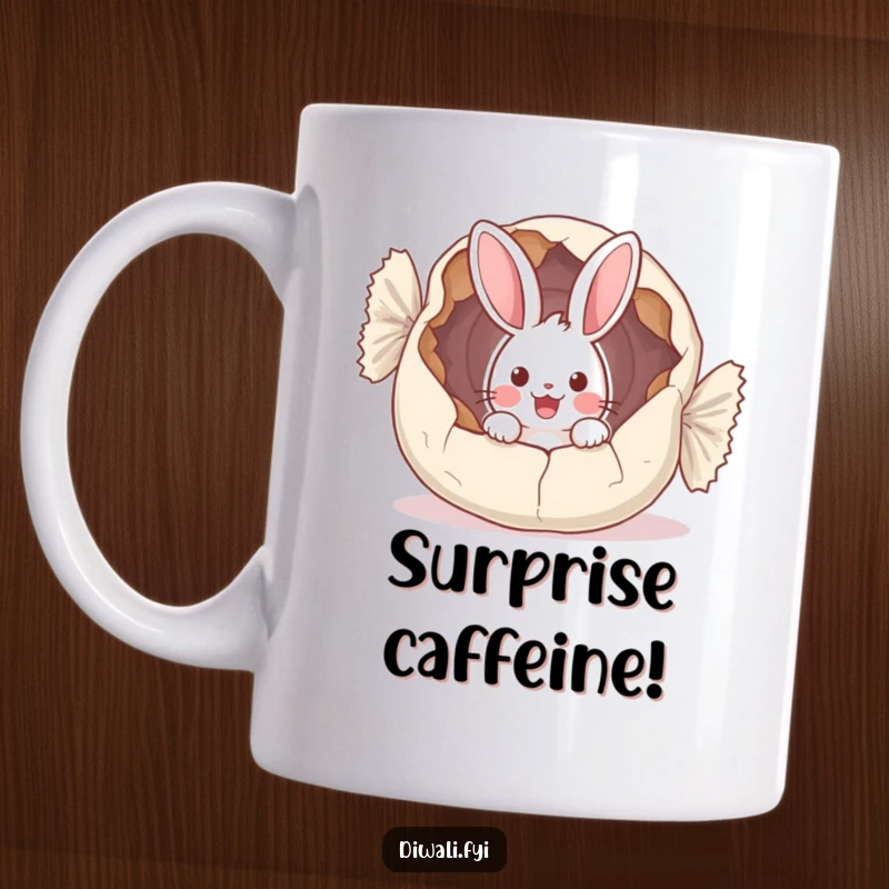 Funny mug showing a surprised bunny peeking with wide eyes from inside a gigantic, torn sweet wrapper.