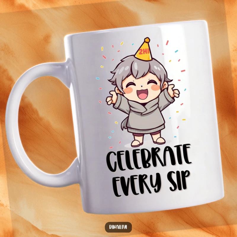 Funny Celebration Mug: A cheerful character strikes a dynamic celebratory pose amidst a shower of colorful confetti.