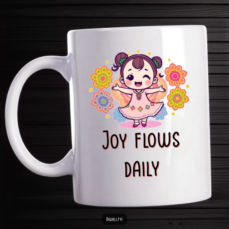 Funny mug featuring a delighted character dancing joyfully amidst colorful rangoli patterns, radiating festive cheer.