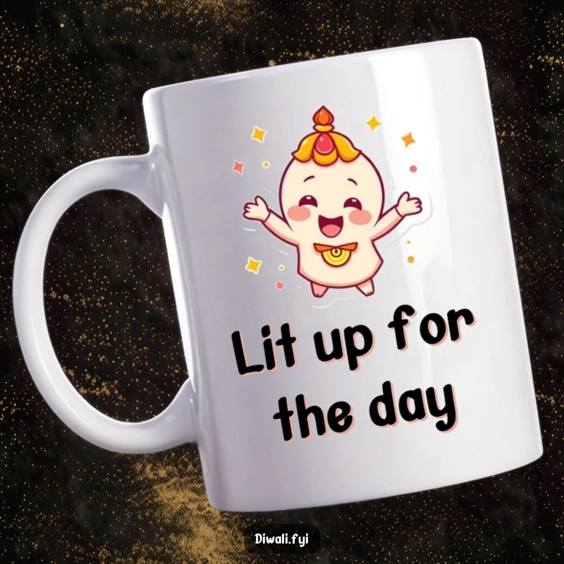 Funny, happy diya character energetically doing a celebratory spin, captured on a mug, radiating festive joy and movement.