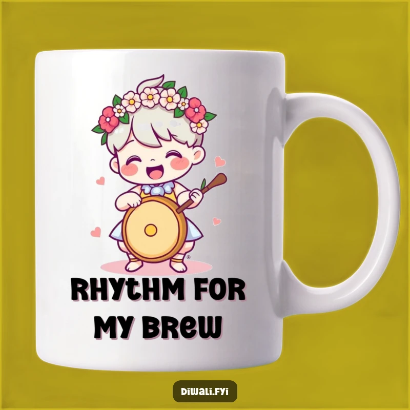 Funny Drummer Mug: Delighted Character With Garland, Festive Music Gift