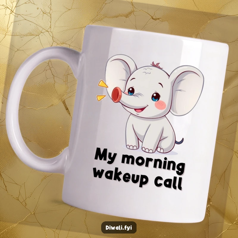 Funny mug featuring a small, joyful elephant character gleefully trumpeting, spreading happiness and positive vibes for cartoon animal lovers.
