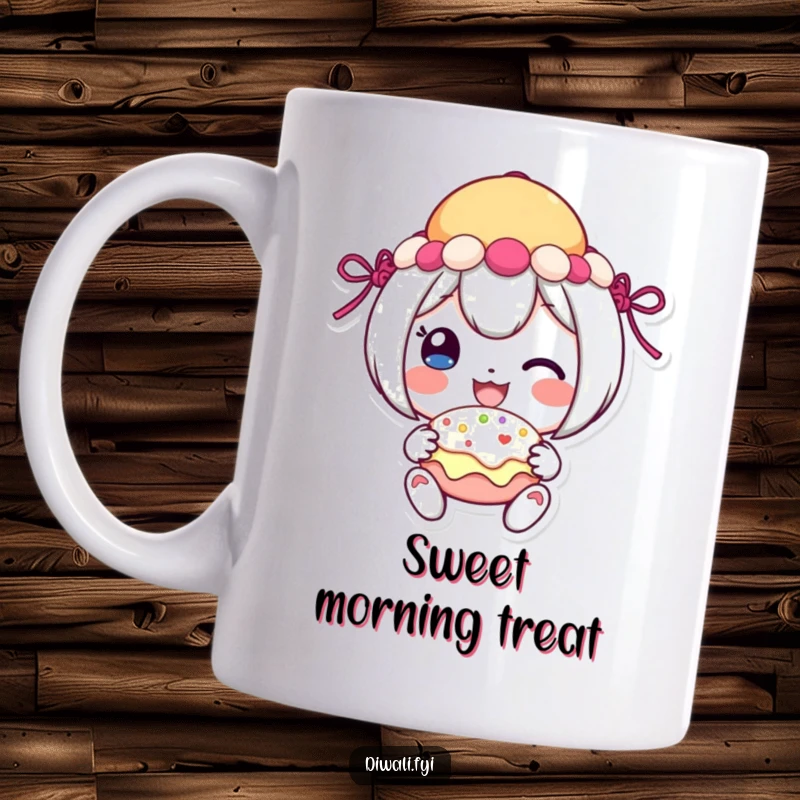 Funny festive sweet mug featuring a cheerful character sharing a treat with a big smile, embodying joy.