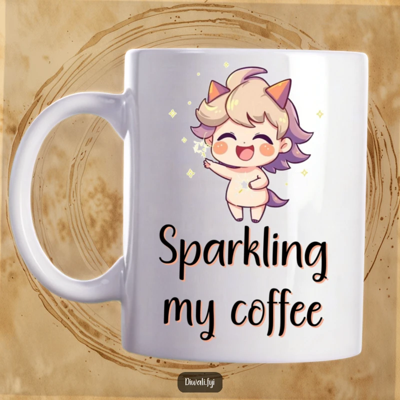 Funny joyful character with a fiery aura spinning a sparkler on a mug, radiating excitement and celebratory energy.
