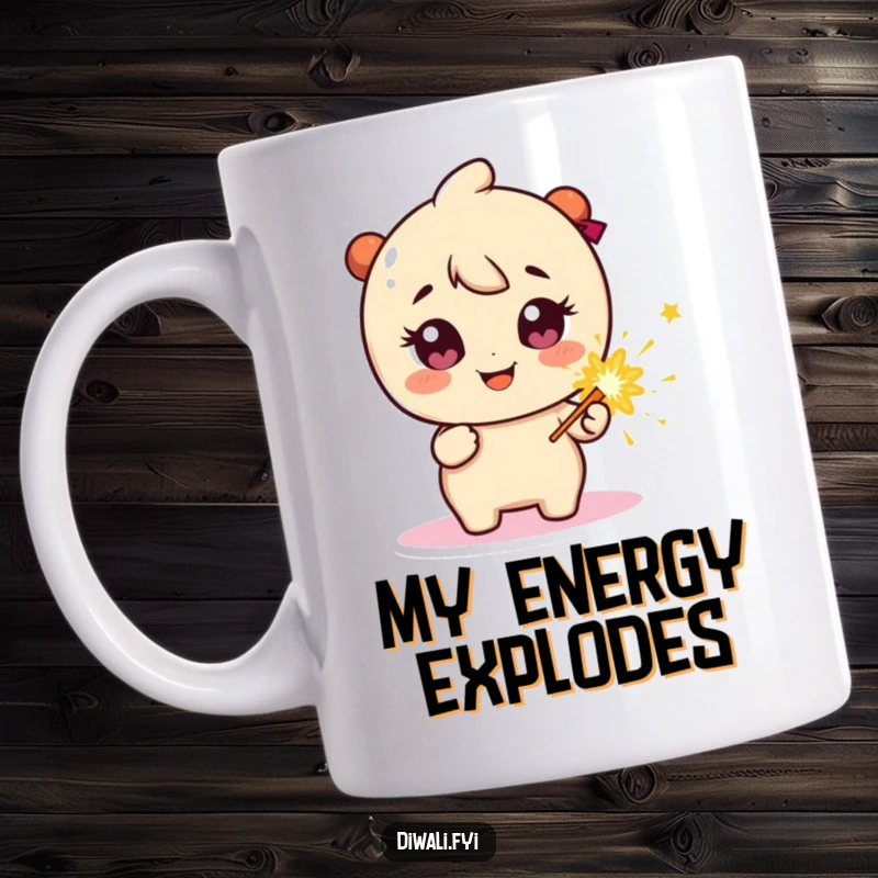 Funny Mug: A happy character with dazzling sparkly eyes, holding a lit firecracker with excitement and joy.