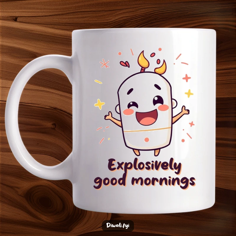 Funny mug featuring a mischievous firecracker character popping with happy excitement, radiating energetic joy and a playful spark.