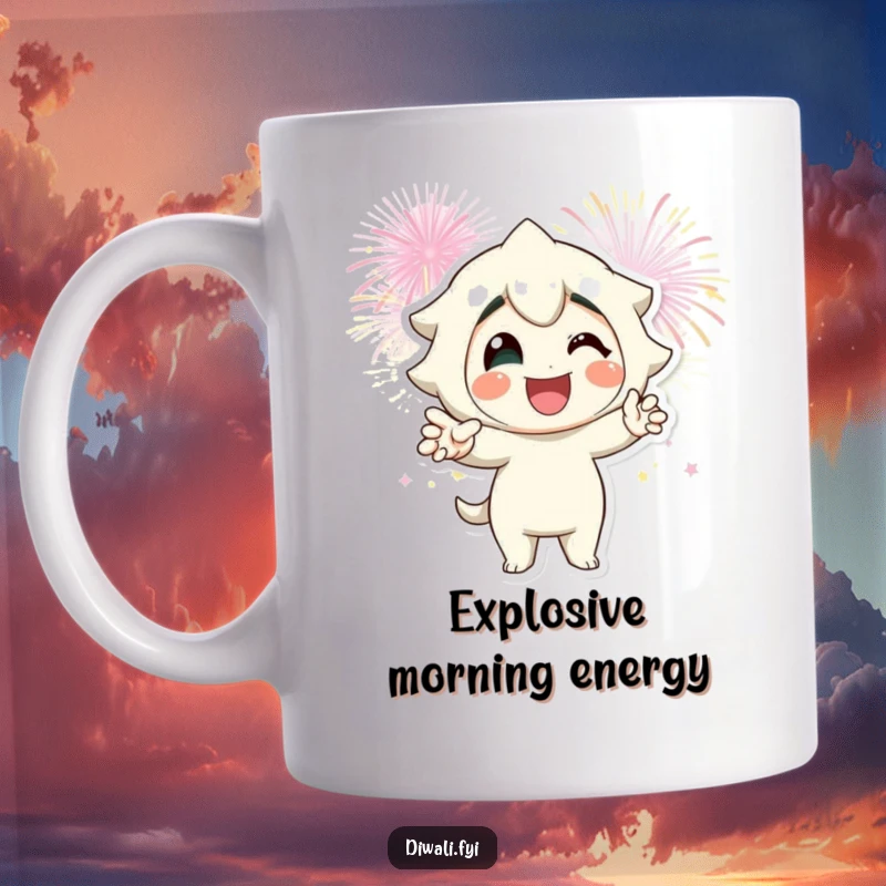 Funny fireworks pose mug featuring a smiling character striking a confident pose against a vibrant firework backdrop.
