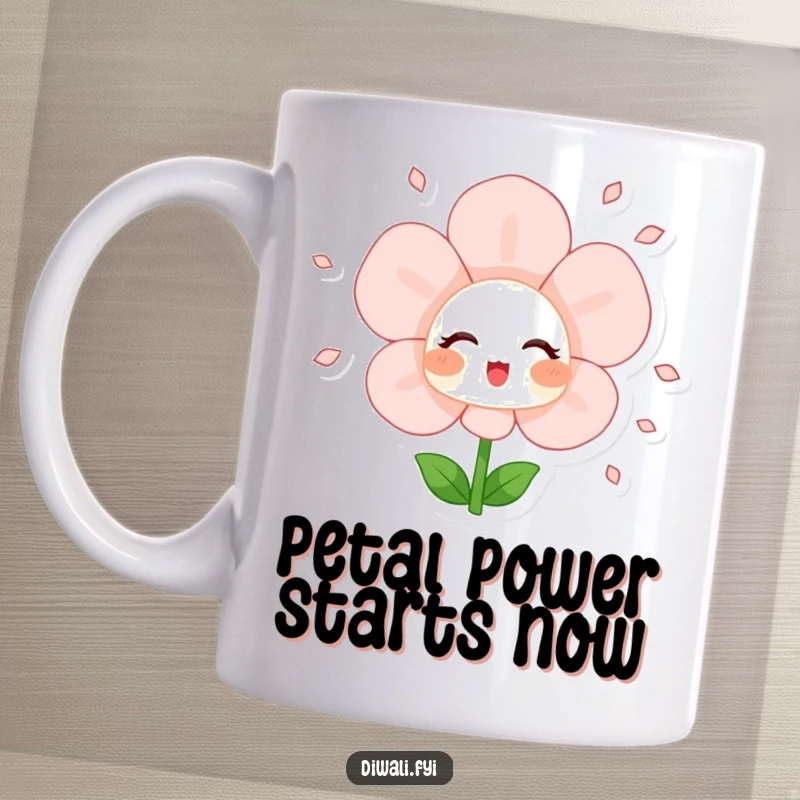 Funny mug depicting a blushing flower character joyfully showering petals, conveying a sense of pure happiness and natural beauty.