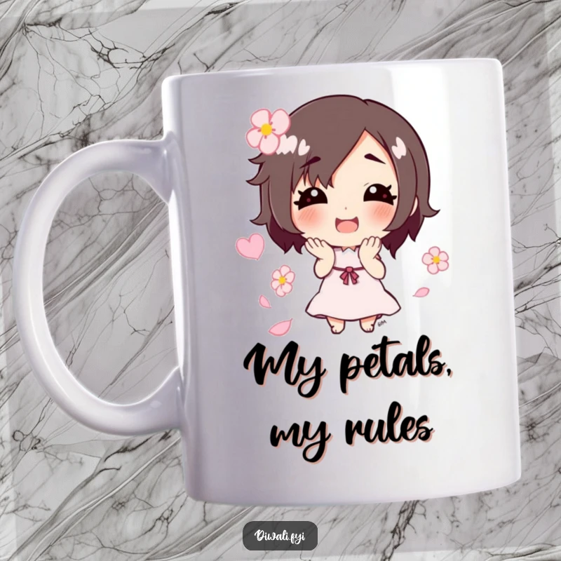 Funny mug with a smiling character joyfully tossing a cascade of colorful flower petals, radiating pure happiness and charm.
