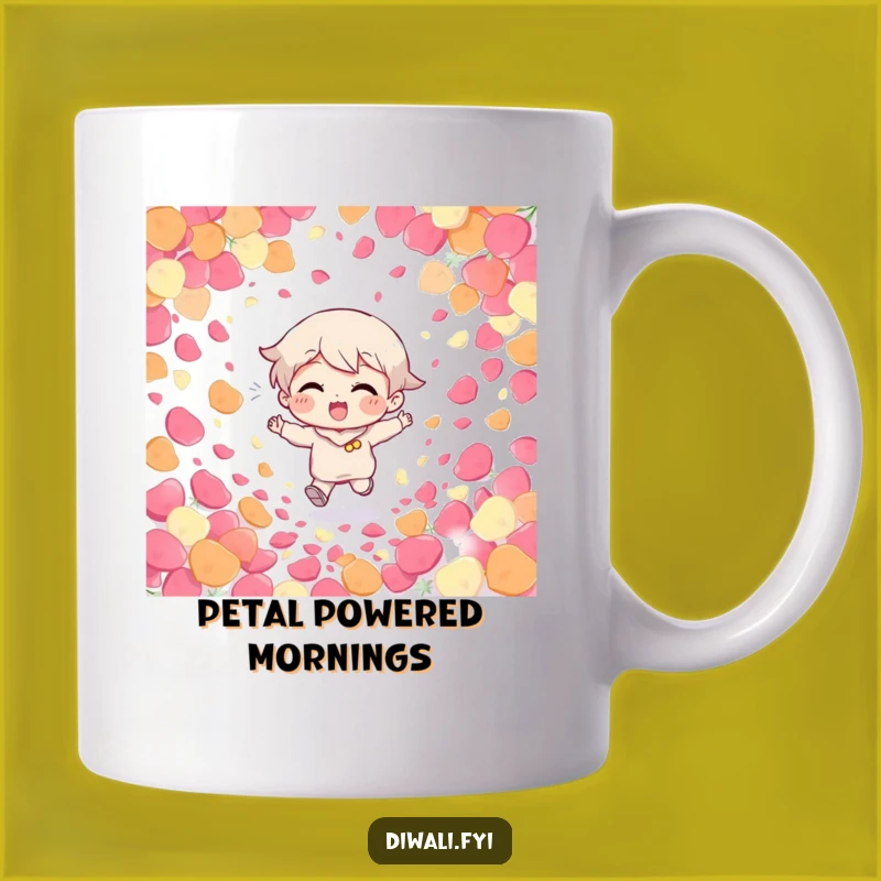 Funny Giggling Character Petal Mug: Giggling character running through petals, a delightful and funny gift.