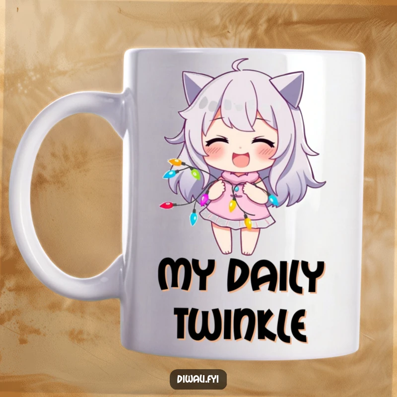 Funny mug depicting a character with a joyful smirk, playfully interacting with a string of bright, colorful lights.