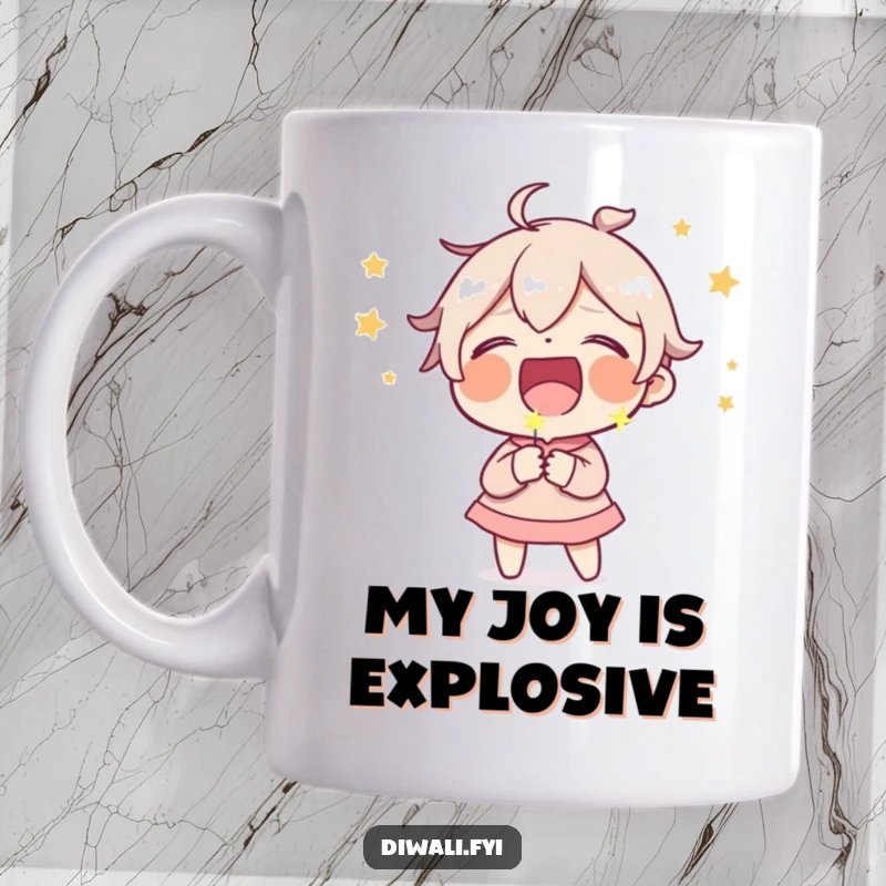 Funny mug with a character laughing hysterically while holding a tiny, sputtering sparkler, radiating pure comedic joy.