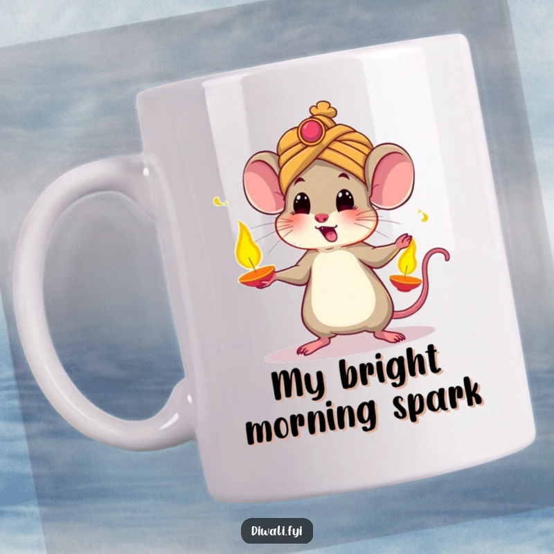 Funny mug depicting a startled mouse in a tiny turban, comically juggling glowing diyas, capturing the chaotic joy of the festival.