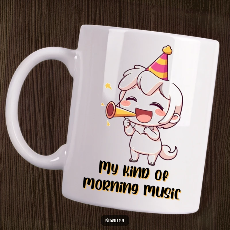 Funny mug showing a cartoon character gleefully blowing a colorful party horn, captured mid-laugh, radiating pure, unadulterated joy and celebration.