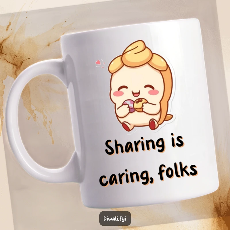 Funny mug featuring a giggling sweet pastry character sharing a small treat, radiating warmth and friendship, perfect for a happy morning.