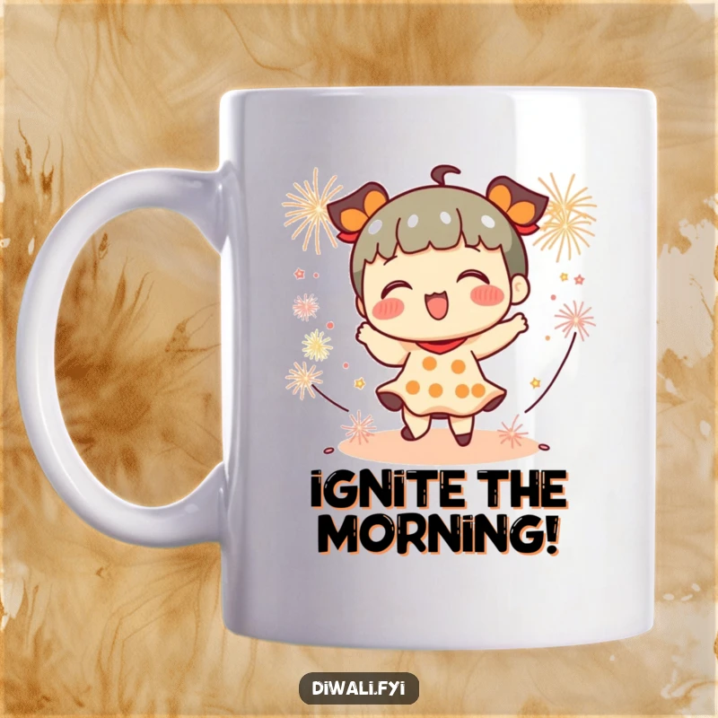 Funny mug depicting a joyful character energetically dancing surrounded by small, festive firecrackers, embodying pure playful excitement.